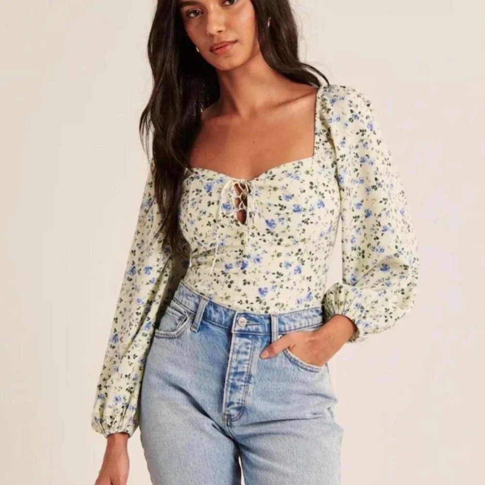 Abercrombie  Puff Sleeve Top Sz XXS Green Floral Tie Boho Cottagecore Sweetheart